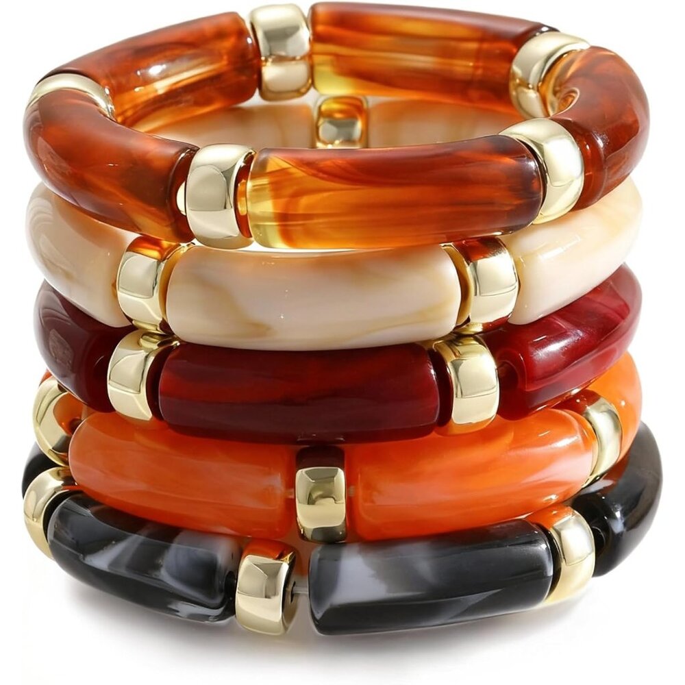 6pcs Chunky Acrylic Bangle Bracelets For Women, Resin Bamboo Brown Stretchy Brac